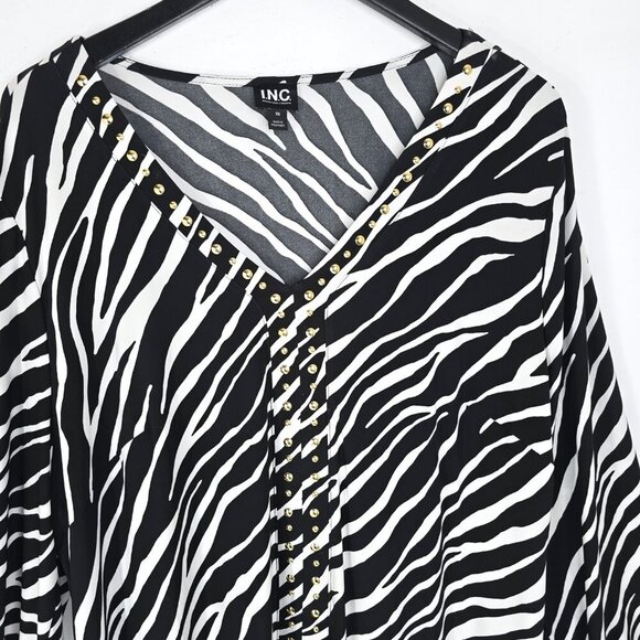 INC BLack White Zebra Striped Studded V Neck Long Sleeve Lightweight Top - Picture 2 of 6